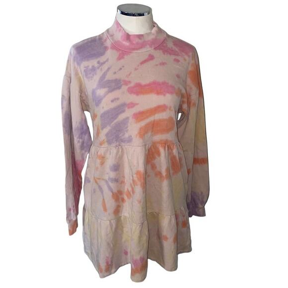 Wild Fable Tie Dye Tiered Mock neck Multicolored Peach Dress w/pockets NWTs sz S - Picture 4 of 6